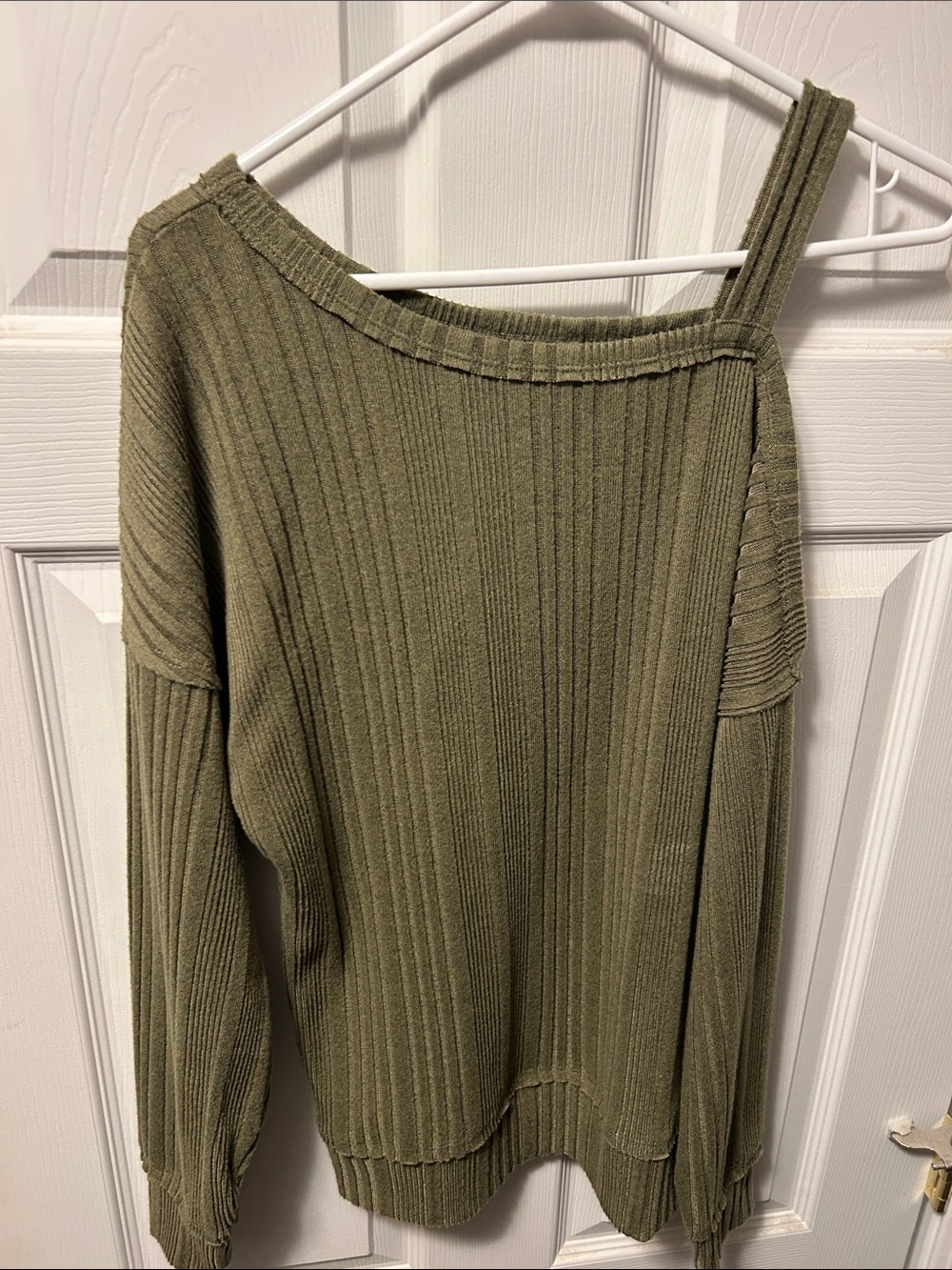 Day Trip Olive One-Shoulder Rib Knit Sweater